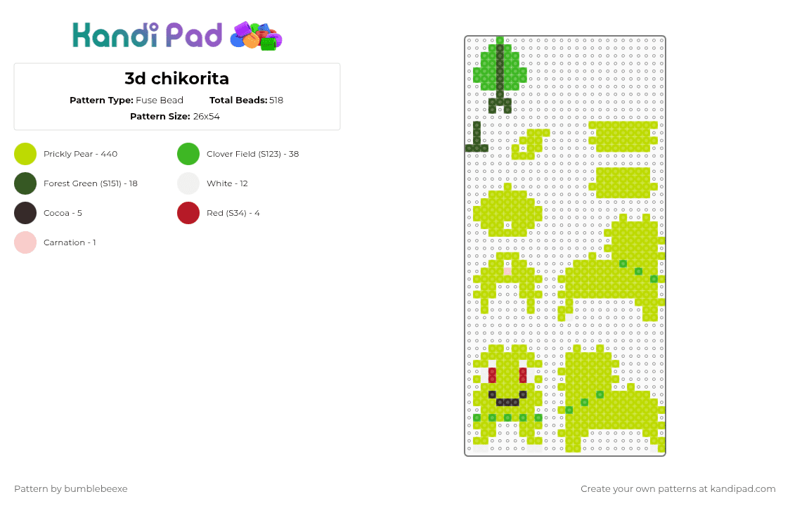 3d chikorita - Fuse Bead Pattern by bumblebeexe on Kandi Pad - green,pokemon,chikorita,3d
