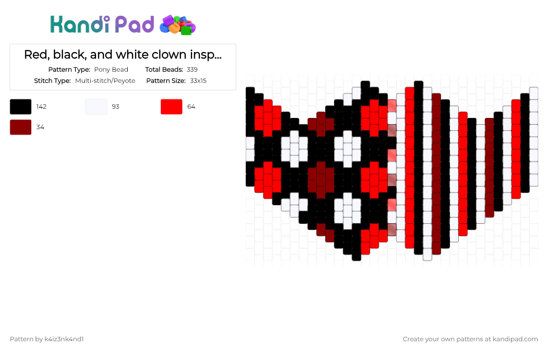 Red, black, and white clown inspired mask :) - Pony Bead Pattern by k4iz3nk4nd1 on Kandi Pad - red,white