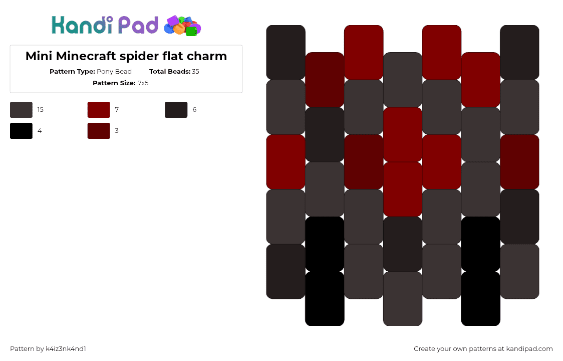 Mini Minecraft spider flat charm - Pony Bead Pattern by k4iz3nk4nd1 on Kandi Pad - black,brown