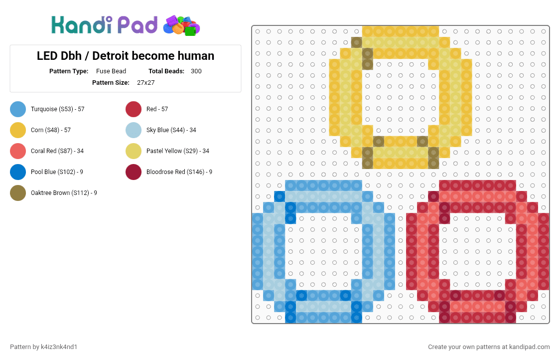 LED Dbh / Detroit become human - Fuse Bead Pattern by k4iz3nk4nd1 on Kandi Pad - light blue, red, yellow
