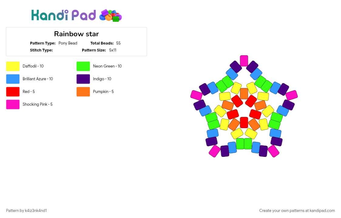 Rainbow star - Pony Bead Pattern by k4iz3nk4nd1 on Kandi Pad - green, light blue, purple, yellow