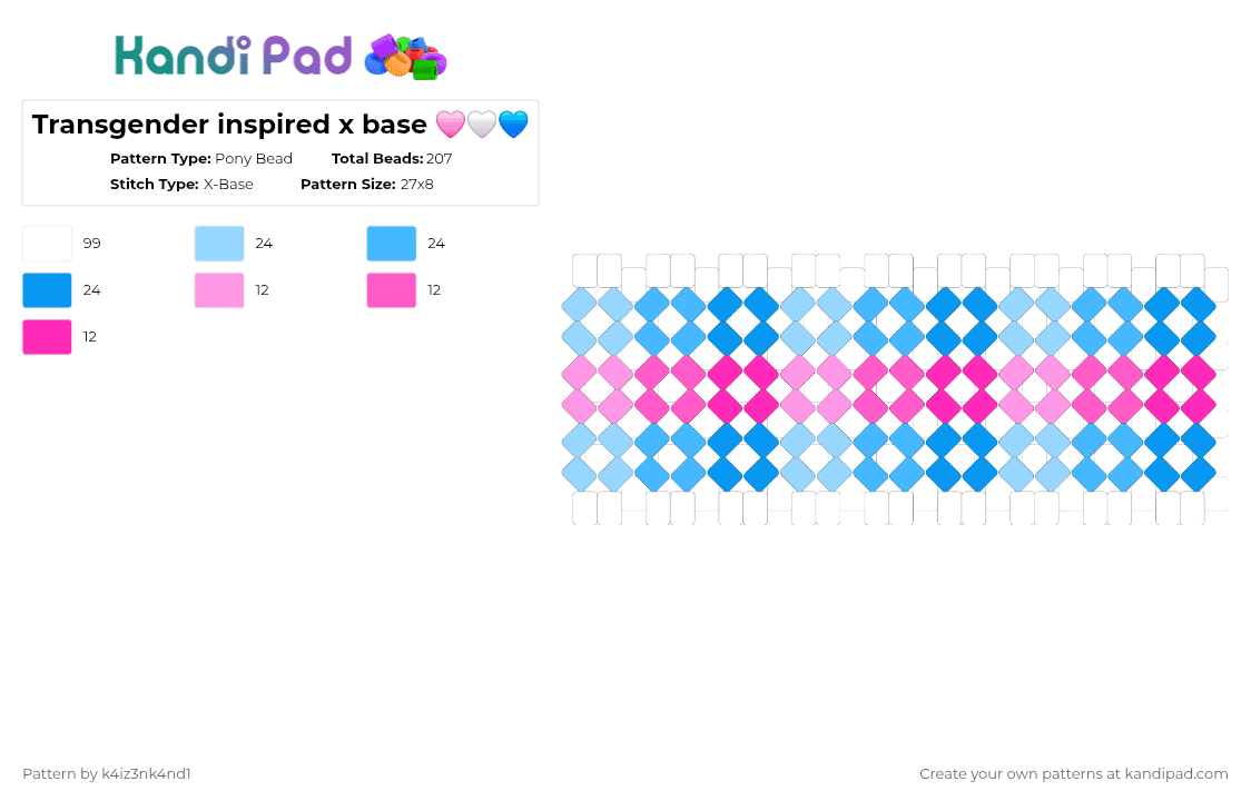 Transgender inspired x base 🩷🤍💙 - Pony Bead Pattern by k4iz3nk4nd1 on Kandi Pad - light blue,pink