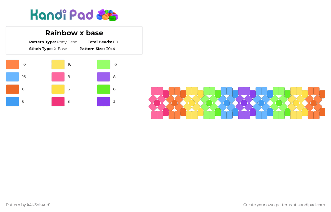 Rainbow x base - Pony Bead Pattern by k4iz3nk4nd1 on Kandi Pad - orange,yellow,green,light blue
