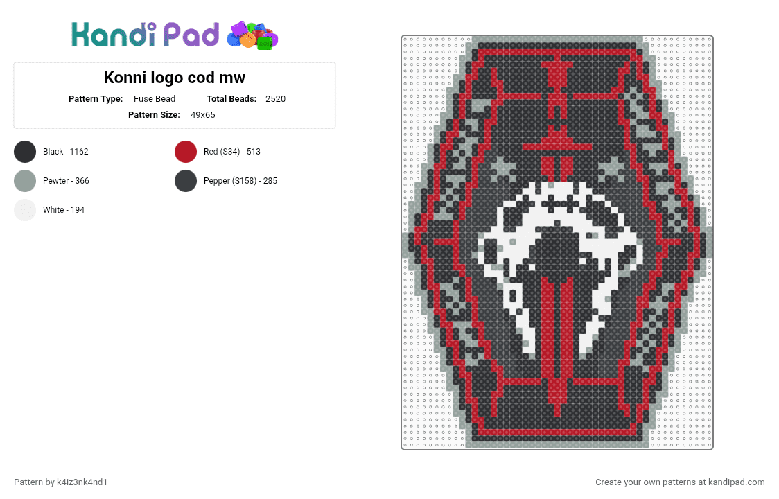 Konni logo cod mw - Fuse Bead Pattern by k4iz3nk4nd1 on Kandi Pad - black, gray, red