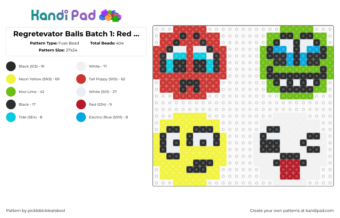 Regretevator Balls Batch 1: Red Teddy, Coolio Toolio, Squishy, GomBall - Fuse Bead Pattern by picklebickleatskool on Kandi Pad - regretevator,toolio,squishy,red teddy,gomball,yellow,green,white