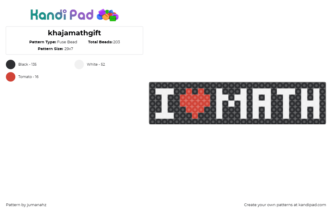 khajamathgift - Fuse Bead Pattern by jumanahz on Kandi Pad - math,love,sign,heart,text,white,black,red