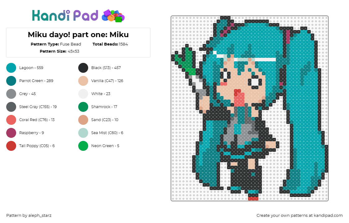 Miku dayo! part one: Miku - Fuse Bead Pattern by aleph_starz on Kandi Pad - hatsune miku,leek,vocaloid,chibi,music,character,kawaii,teal