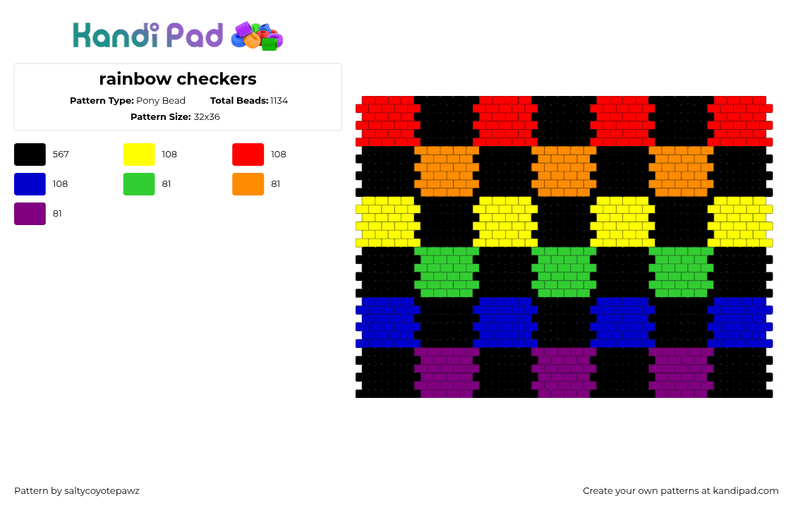 rainbow checkers - Pony Bead Pattern by saltycoyotepawz on Kandi Pad - checkered,rainbow,panel,dark,black
