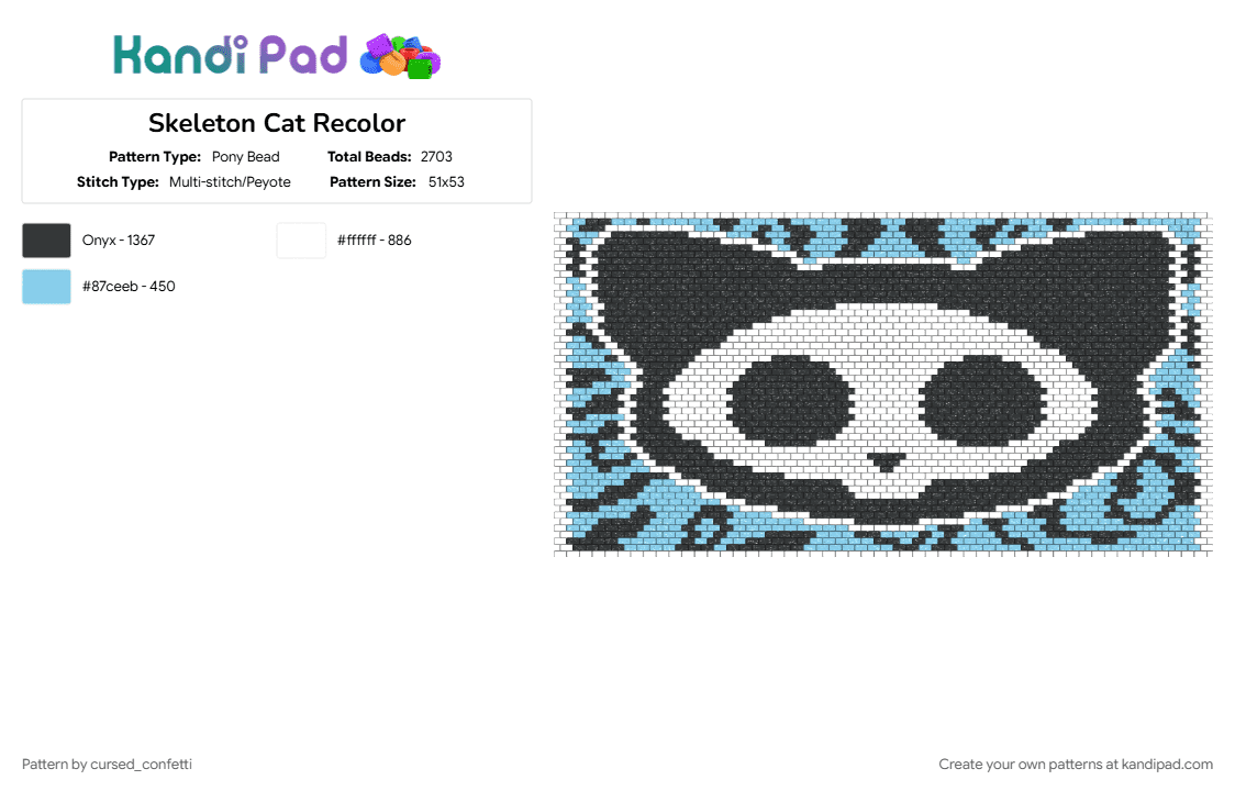 Skeleton Cat Recolor - Pony Bead Pattern by cursed_confetti on Kandi Pad - light blue, white