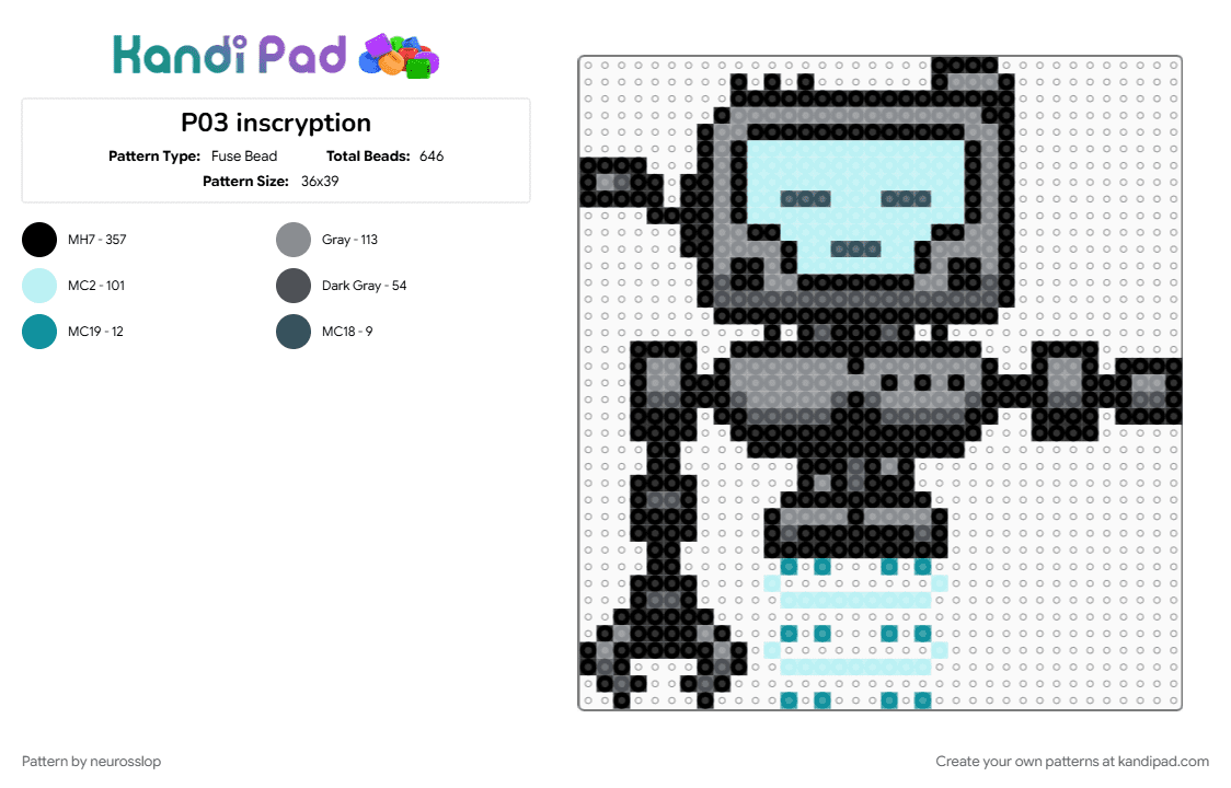 P03 inscryption - Fuse Bead Pattern by neurosslop on Kandi Pad - black, character, gray, inscryption, light blue, p03