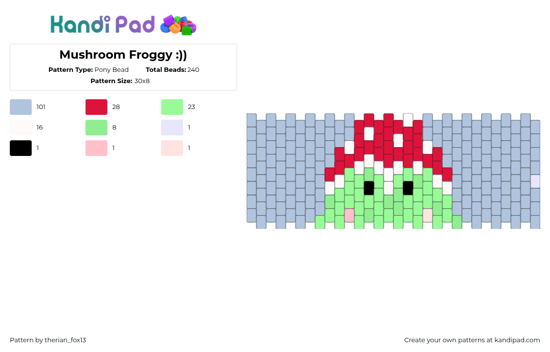 Mushroom Froggy :)) - Pony Bead Pattern by therian_fox13 on Kandi Pad - frog,mushroom,amphibian,cute,cuff,green,red,blue