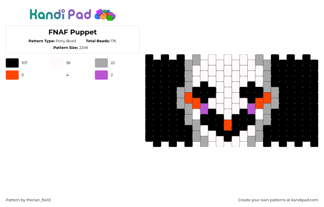 FNAF Puppet - Pony Bead Pattern by therian_fox13 on Kandi Pad - puppet,fnay,five nights at freddys,face,video game,cuff,dark,black,white