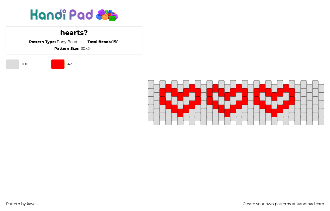 hearts? - Pony Bead Pattern by kayak on Kandi Pad - hearts,love,valentine,simple,bracelet,cuff,gray,red