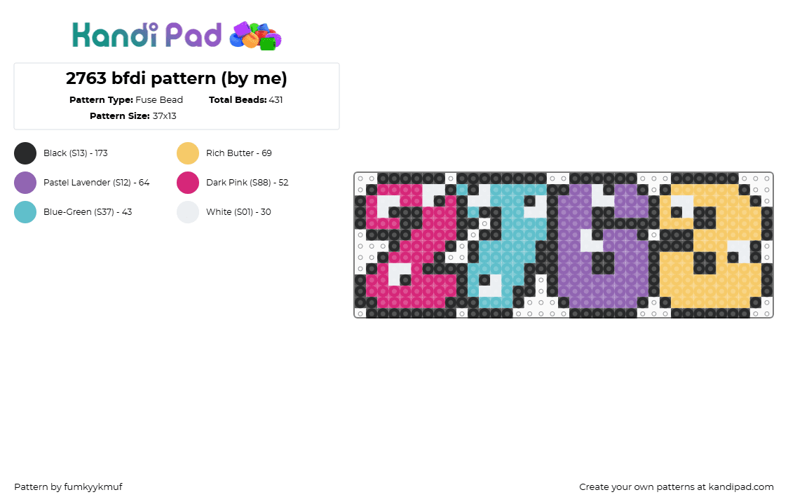 2763 bfdi pattern (by me) - Fuse Bead Pattern by fumkyykmuf on Kandi Pad - 2763,bfdi,battle for dream island,number,character,animation,tv show,pink,teal,purple,yellow