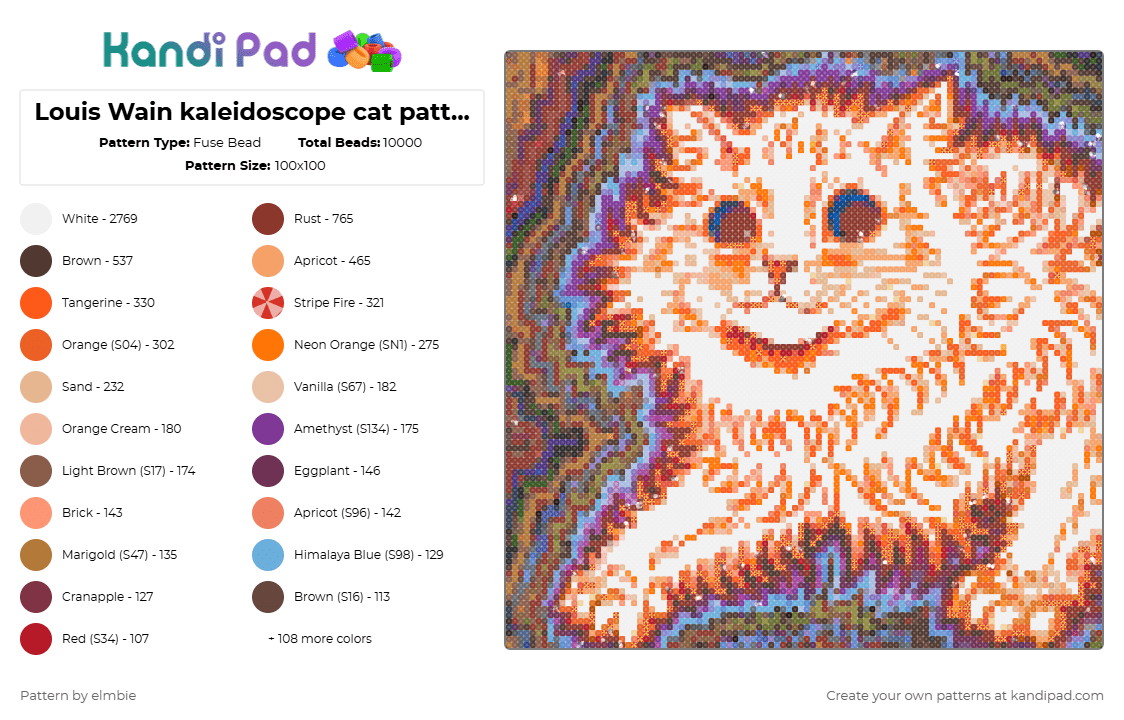 Louis Wain kaleidoscope cat pattern : ) - Fuse Bead Pattern by elmbie on Kandi Pad - pink,orange,beige,colorful,cotdartexhibition,louiswain,kaleidoscopecat