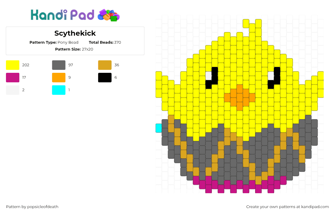 Scythekick - Pony Bead Pattern by popsicleofdeath on Kandi Pad - chick,scythekick,egg,video game,yellow,gray