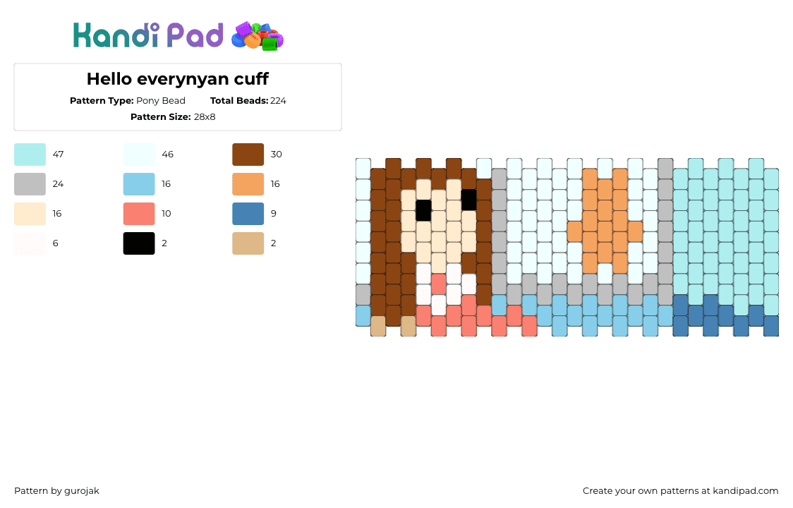 Hello everynyan cuff - Pony Bead Pattern by gurojak on Kandi Pad - hello everynyan,oh my gah,meme,cuff,teal,tan