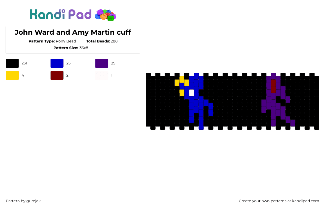 John Ward and Amy Martin cuff - Pony Bead Pattern by gurojak on Kandi Pad - john ward,amy martin,faith the unholy trinity,dark,cuff,video game,horror,black,blue,purple