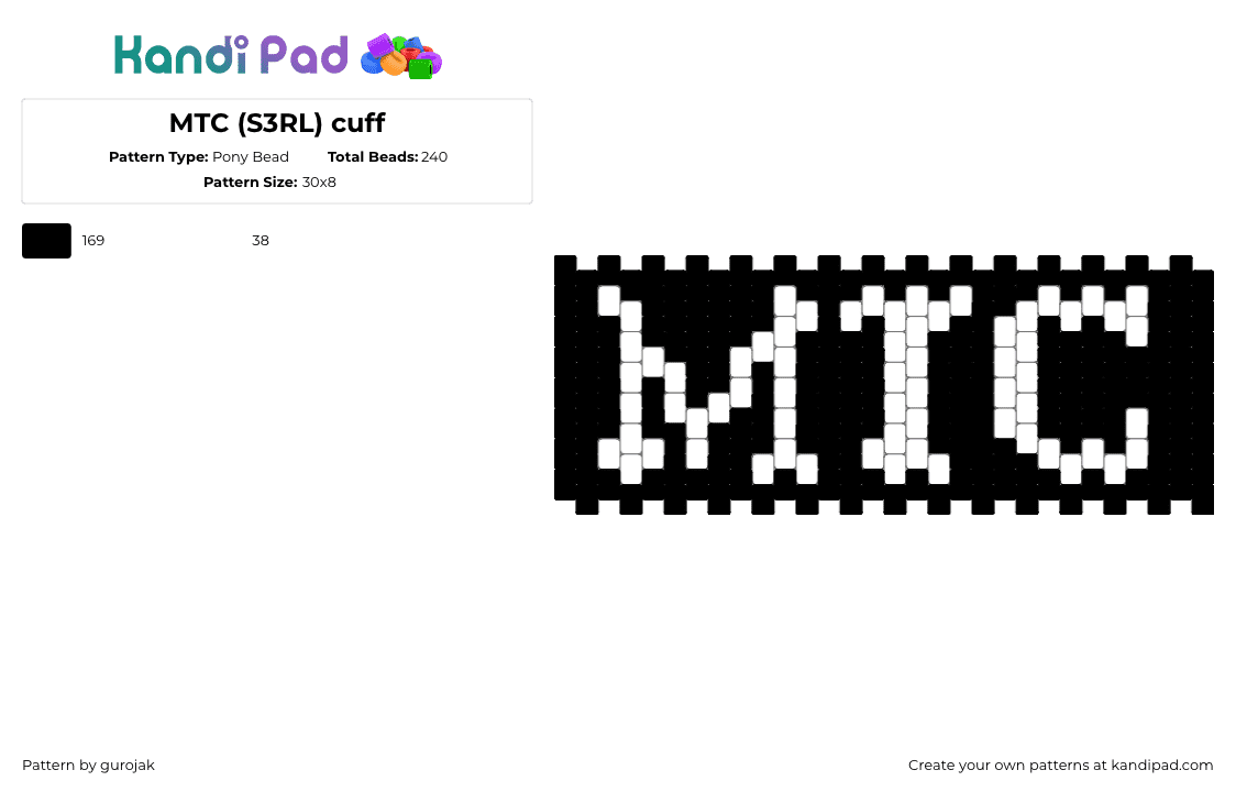 MTC (S3RL) cuff - Pony Bead Pattern by gurojak on Kandi Pad - mtc,s3rl,music,text,cuff,black,white