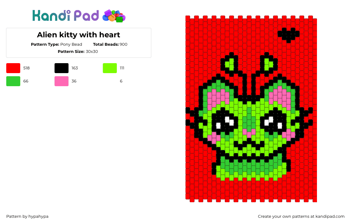 Alien kitty with heart - Pony Bead Pattern by hypahypa on Kandi Pad - 