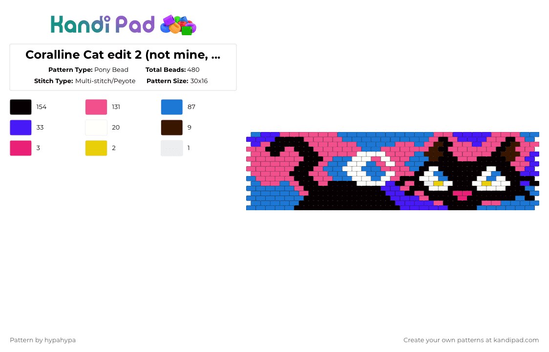 Coralline Cat edit 2 (not mine, recolored for me) - Pony Bead Pattern by hypahypa on Kandi Pad - blue,pink,coraline,cat