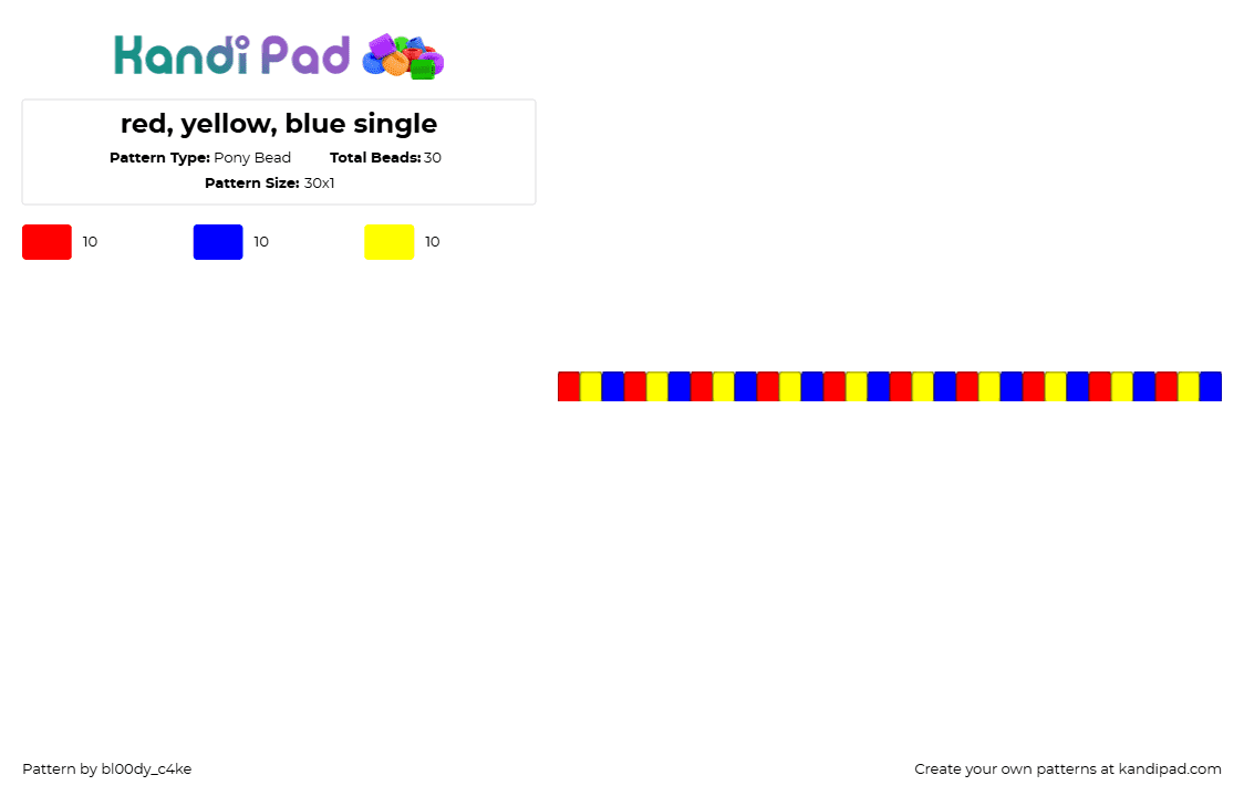 red, yellow, blue single - Pony Bead Pattern by bl00dy_c4ke on Kandi Pad - clown,single,bracelet,red,yellow,blue