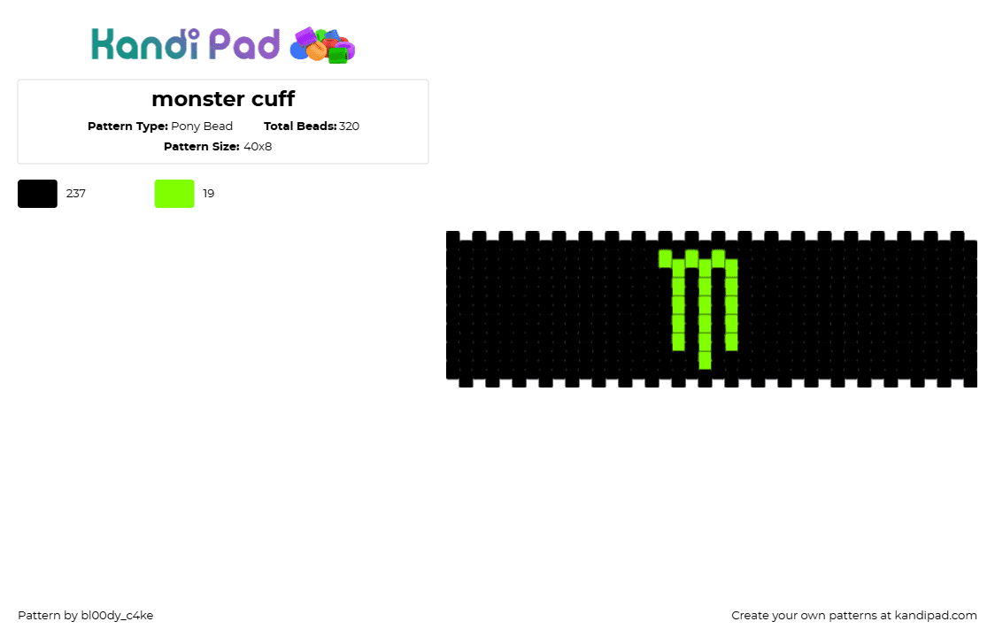 monster cuff - Pony Bead Pattern by bl00dy_c4ke on Kandi Pad - black,monster,lime green,cuff