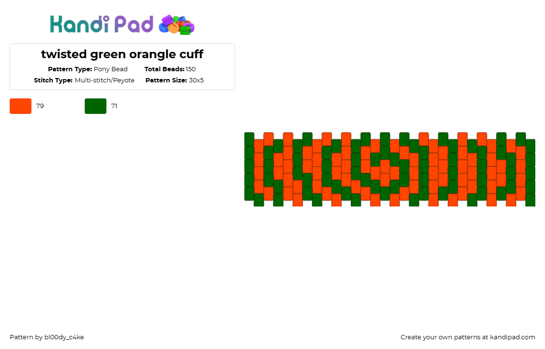 twisted green orangle cuff - Pony Bead Pattern by bl00dy_c4ke on Kandi Pad - red,green,twisted,orange,cuff