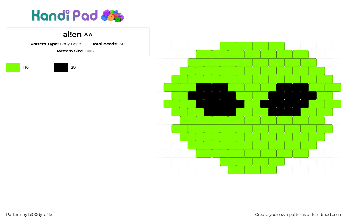 al!en ^^ - Pony Bead Pattern by bl00dy_c4ke on Kandi Pad - alien,extraterrestrial,simple,charm,head,green