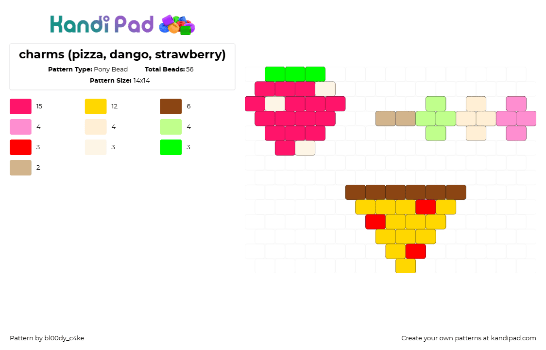 charms (pizza, dango, strawberry) - Pony Bead Pattern by bl00dy_c4ke on Kandi Pad - red,yellow