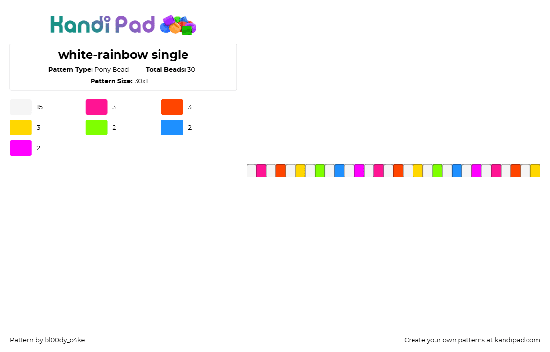 white-rainbow single - Pony Bead Pattern by bl00dy_c4ke on Kandi Pad - white,pink,red,yellow,rainbow,decora,scene,scenecore,single