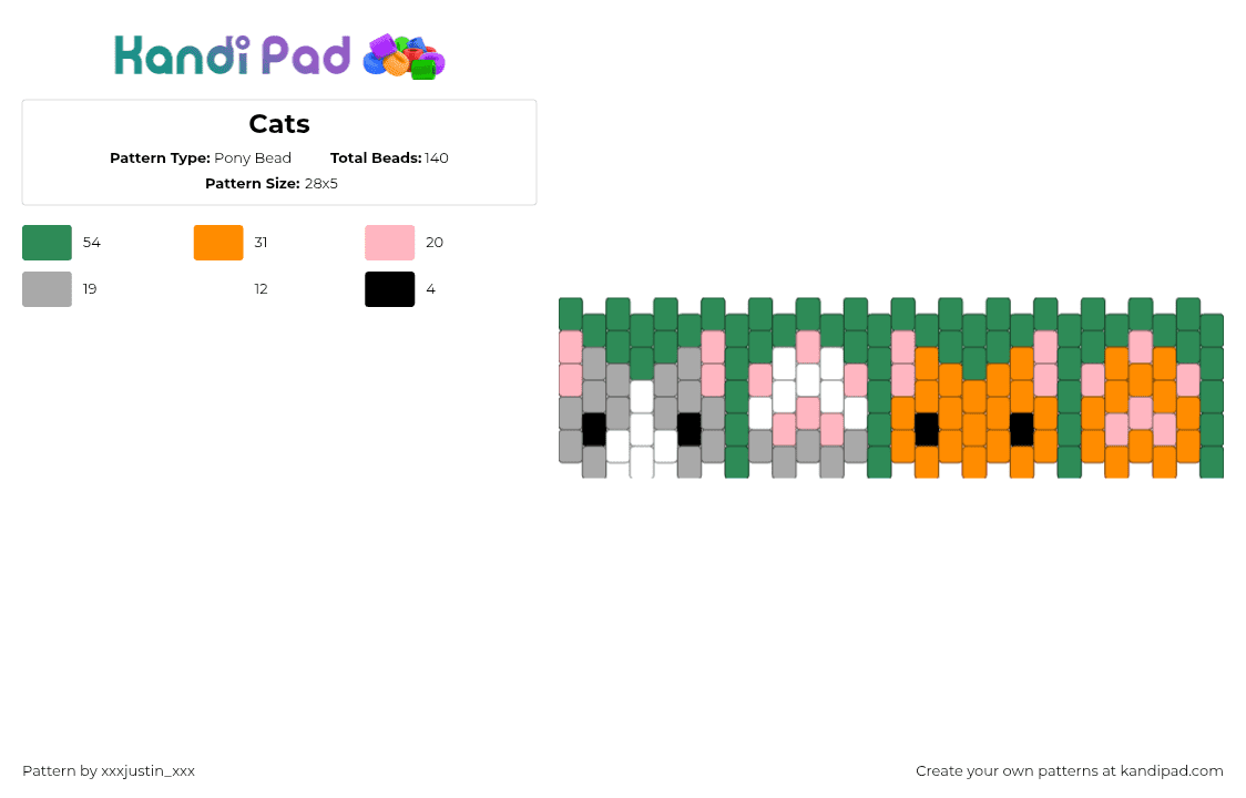 Cats - Pony Bead Pattern by xxxjustin_xxx on Kandi Pad - cats,paw,animals,cuff,gray,orange,green