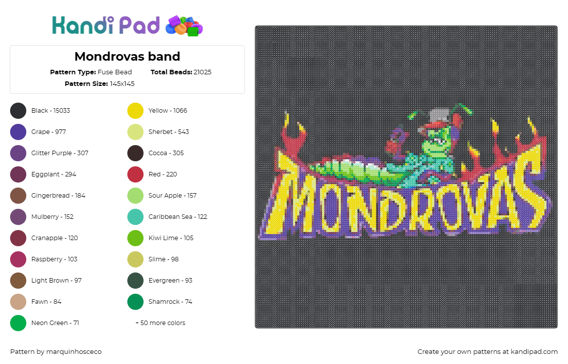 Mondrovas band - Fuse Bead Pattern by marquinhosceco on Kandi Pad - mondrovas,band,caterpillar,fiery,music,yellow,purple,red