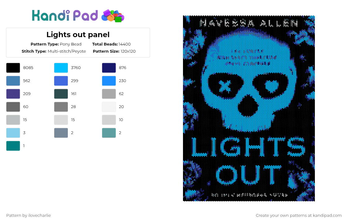 Lights out panel - Pony Bead Pattern by ilovecharlie on Kandi Pad - lights out,navessa allen,skull,halloween,spooky,black,purple,light blue