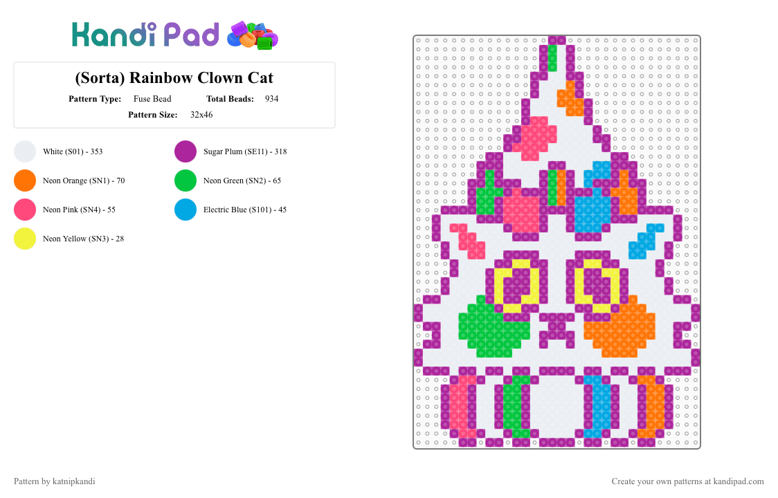 (Sorta) Rainbow Clown Cat - Fuse Bead Pattern by katnipkandi on Kandi Pad - pink,rainbow,cat,clown