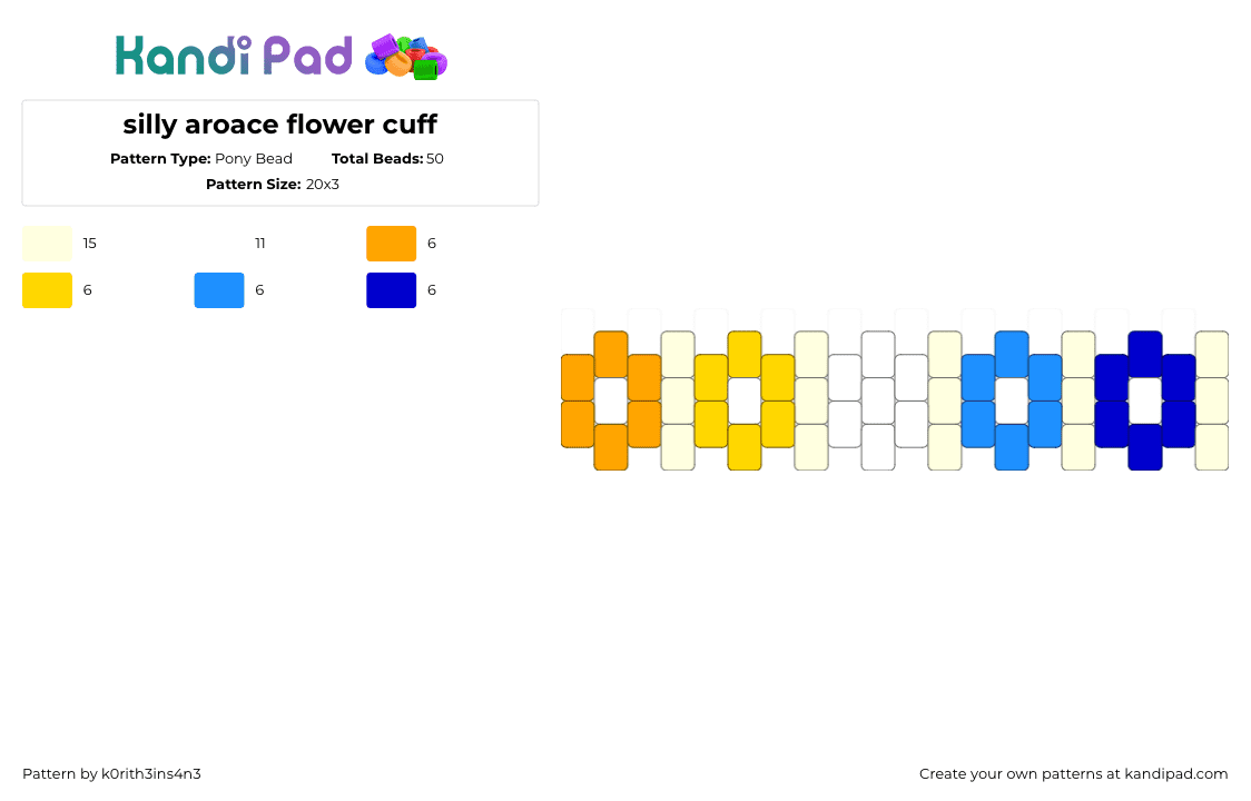 silly aroace flower cuff - Pony Bead Pattern by k0rith3ins4n3 on Kandi Pad - aroace,pride,flowers,cuff,white,blue,orange