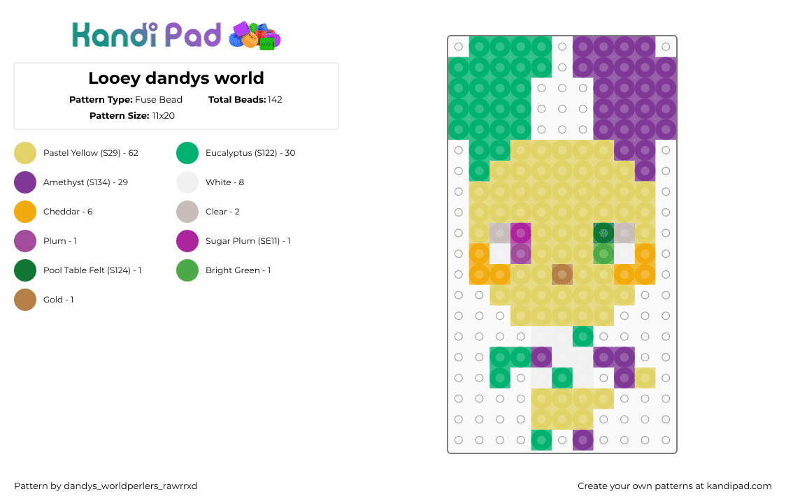 Looey dandys world - Fuse Bead Pattern by dandys_worldperlers_rawrrxd on Kandi Pad - looey,dandys world,character,video game,yellow,purple,green