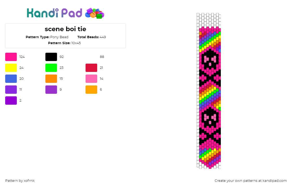 scene boi tie - Pony Bead Pattern by xofrnk on Kandi Pad - scene,skulls,crossbones,neon,necktie,tie,colorful,pink