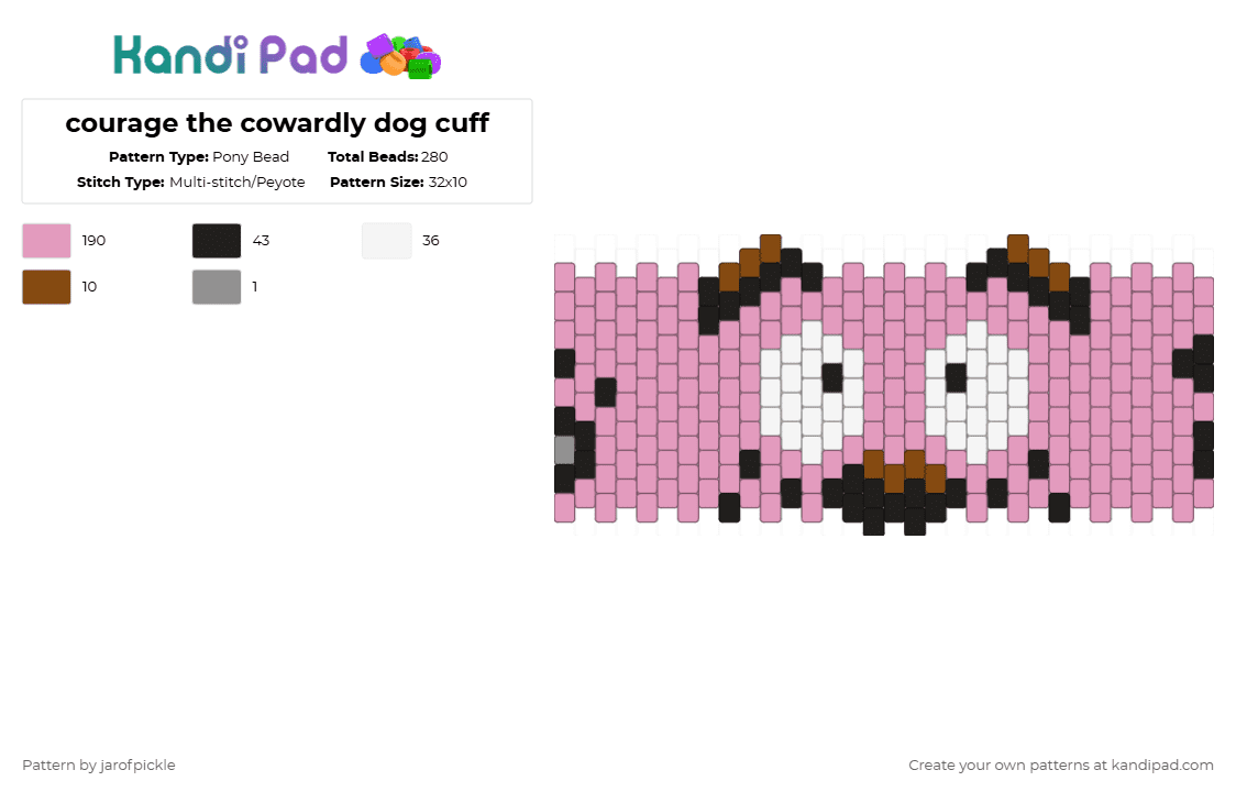 courage the cowardly dog cuff - Pony Bead Pattern by jarofpickle on Kandi Pad - pink,courage the cowardly dog,courage,purple,dog,spots,cartoon