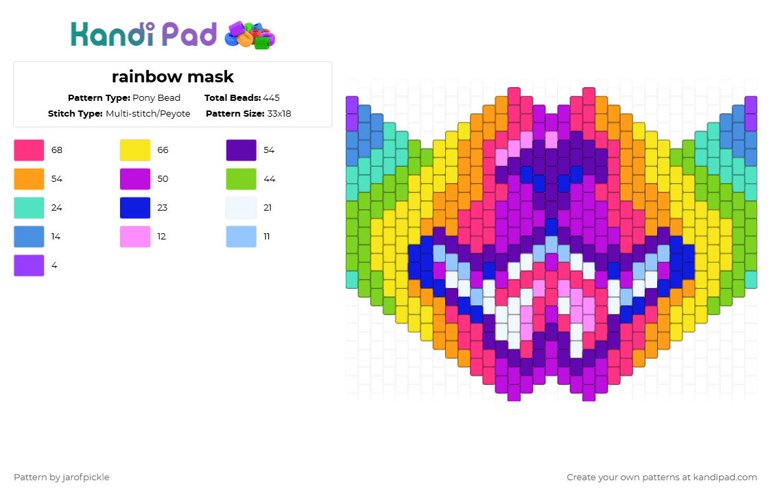 rainbow mask - Pony Bead Pattern by jarofpickle on Kandi Pad - purple,yellow,pink,furry,rainbow,dog,wolf,fox,cat,therian