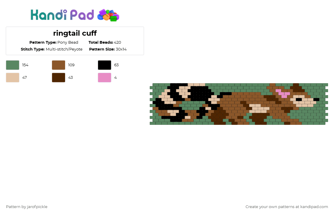 ringtail cuff - Pony Bead Pattern by jarofpickle on Kandi Pad - tan,green,ringtail,cacomistle,stripes,animal,therian,theriotype