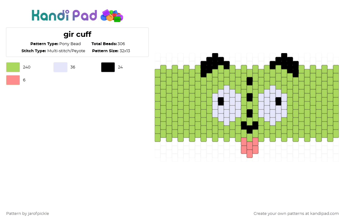 gir cuff - Pony Bead Pattern by jarofpickle on Kandi Pad - green,gir,invader zim,dog,robot,blep,silly