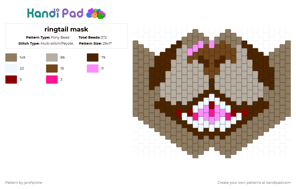 ringtail mask - Pony Bead Pattern by jarofpickle on Kandi Pad - tan,brown,beige,ringtail,cacomistle,furry,therian,theriotype
