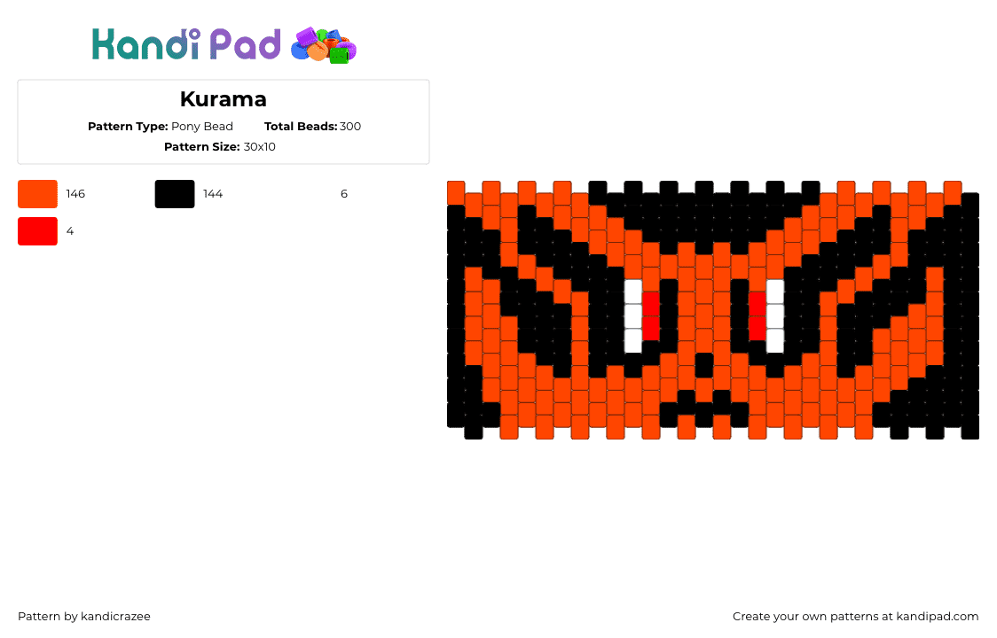 Kurama - Pony Bead Pattern by kandicrazee on Kandi Pad - kurama,naruto,nine tails,fox,anime,manga,chakra,beast,mythical,orange,black