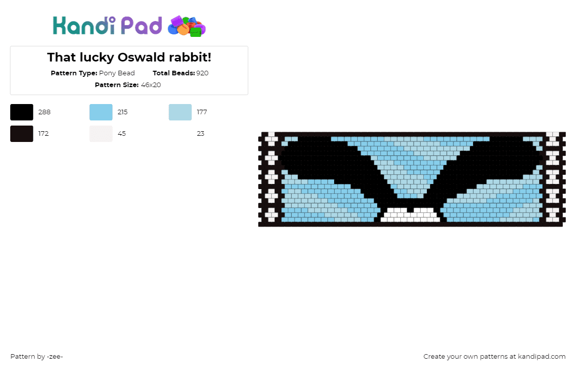 That lucky Oswald rabbit! (16x4in) - Pony Bead Pattern by zee on Kandi Pad - oswald the lucky rabbit,disney,ears,classic,character,cuff,light blue,black