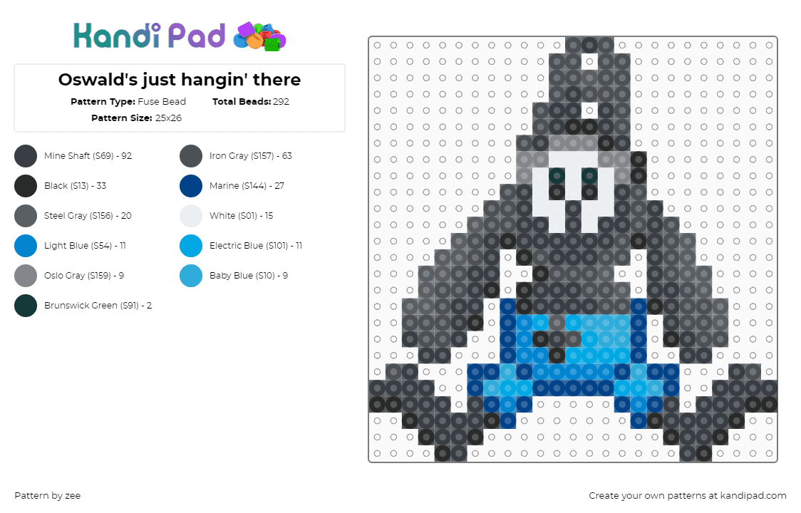 Oswald\'s just hangin\' there - Fuse Bead Pattern by zee on Kandi Pad - oswald the lucky rabbit,disney,character,classic,black,blue