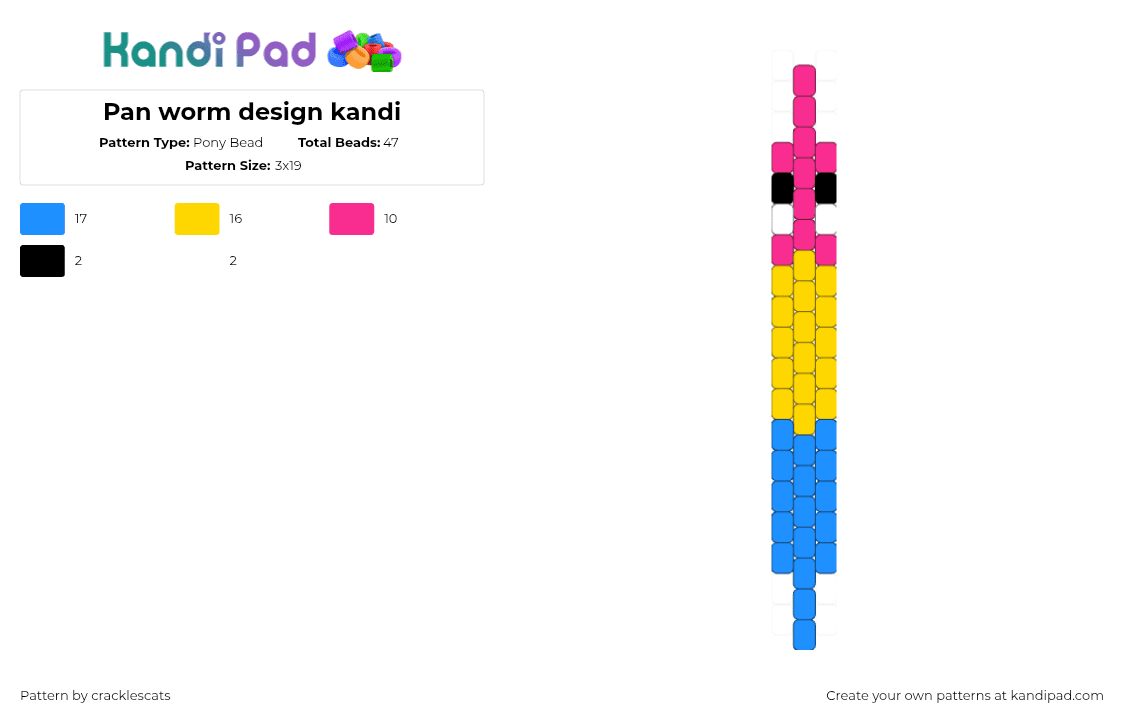 Pan worm design kandi - Pony Bead Pattern by cracklescats on Kandi Pad - pansexual,squirmle,pride,worm,pink,yellow,blue