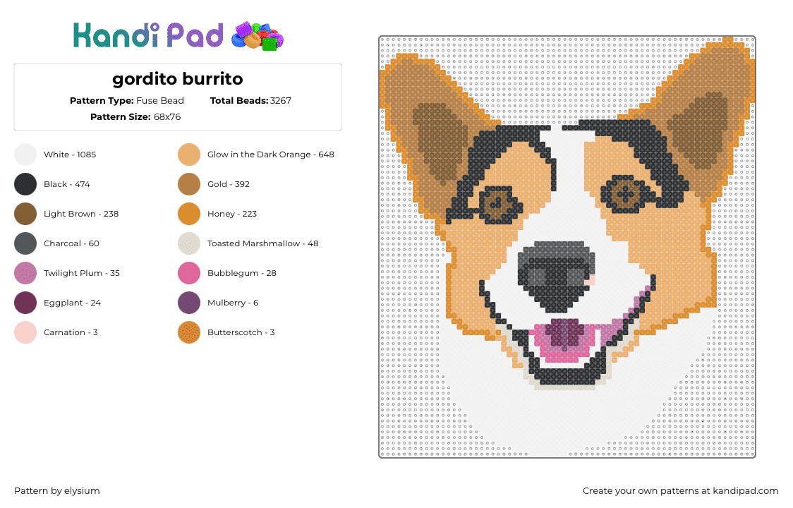 gordito burrito - Fuse Bead Pattern by elysium on Kandi Pad - corgi,dog,pet,animal,cute,head,tan,white