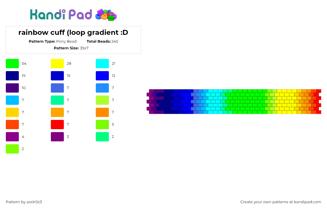 rainbow cuff (loop gradient :D - Pony Bead Pattern by axxlr0z3 on Kandi Pad - purple,light blue,green,yellow