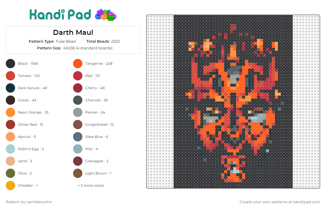 Darth Maul - Fuse Bead Pattern by carrielewwho on Kandi Pad - darth maul,star wars,jedi,character,scifi,movie,villain,red,black
